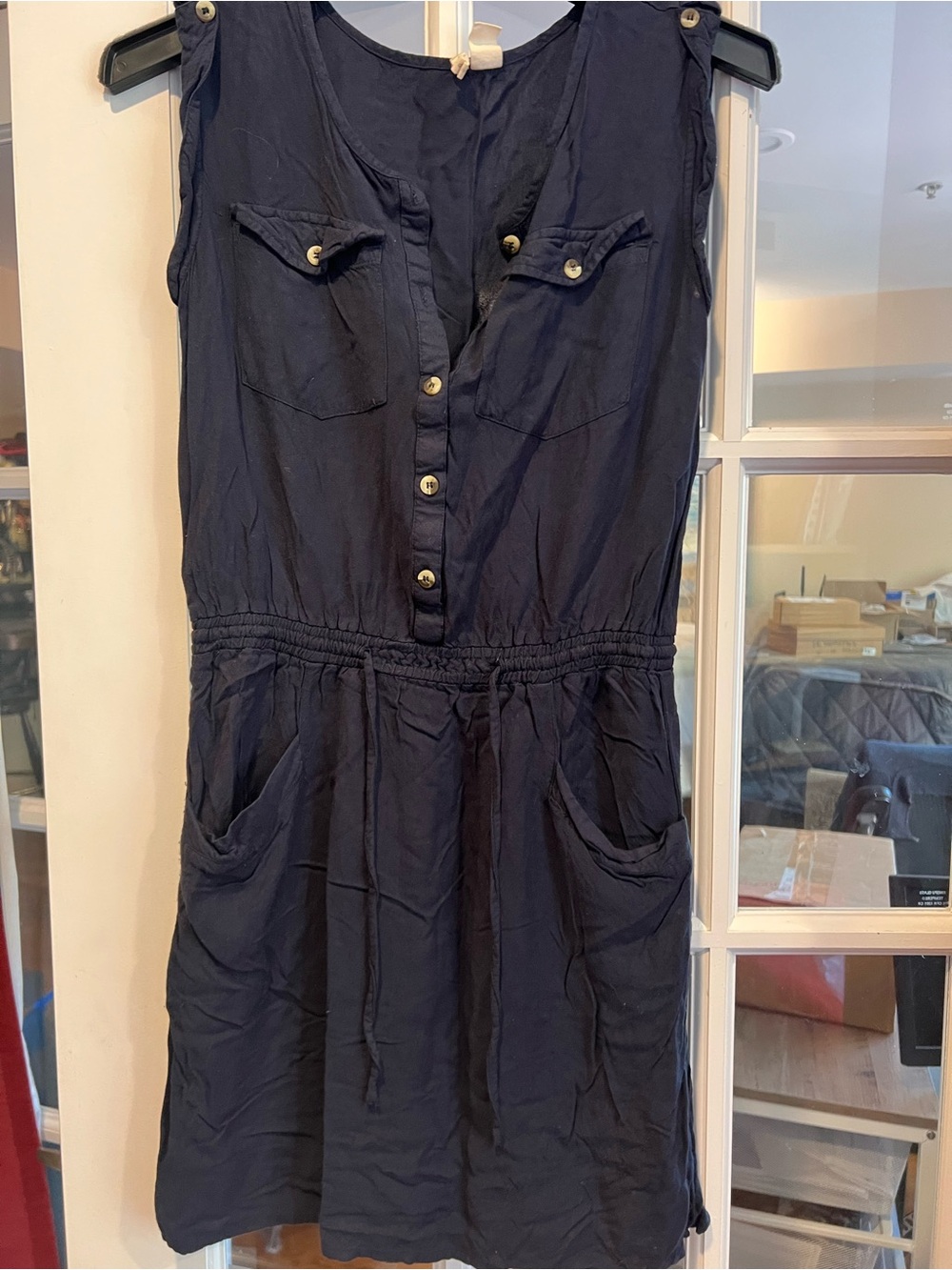 Japna Navy Sleeveless Button-Front Drawstring Waist Dress